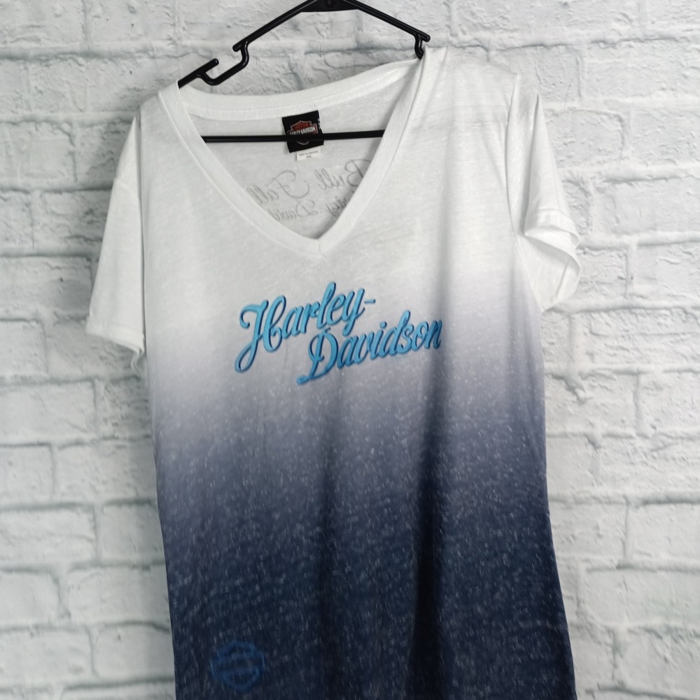Harley-Davidson Womens 2XL T-Shirt Bull Falls Wausau WI Ombre Blue White V-Neck